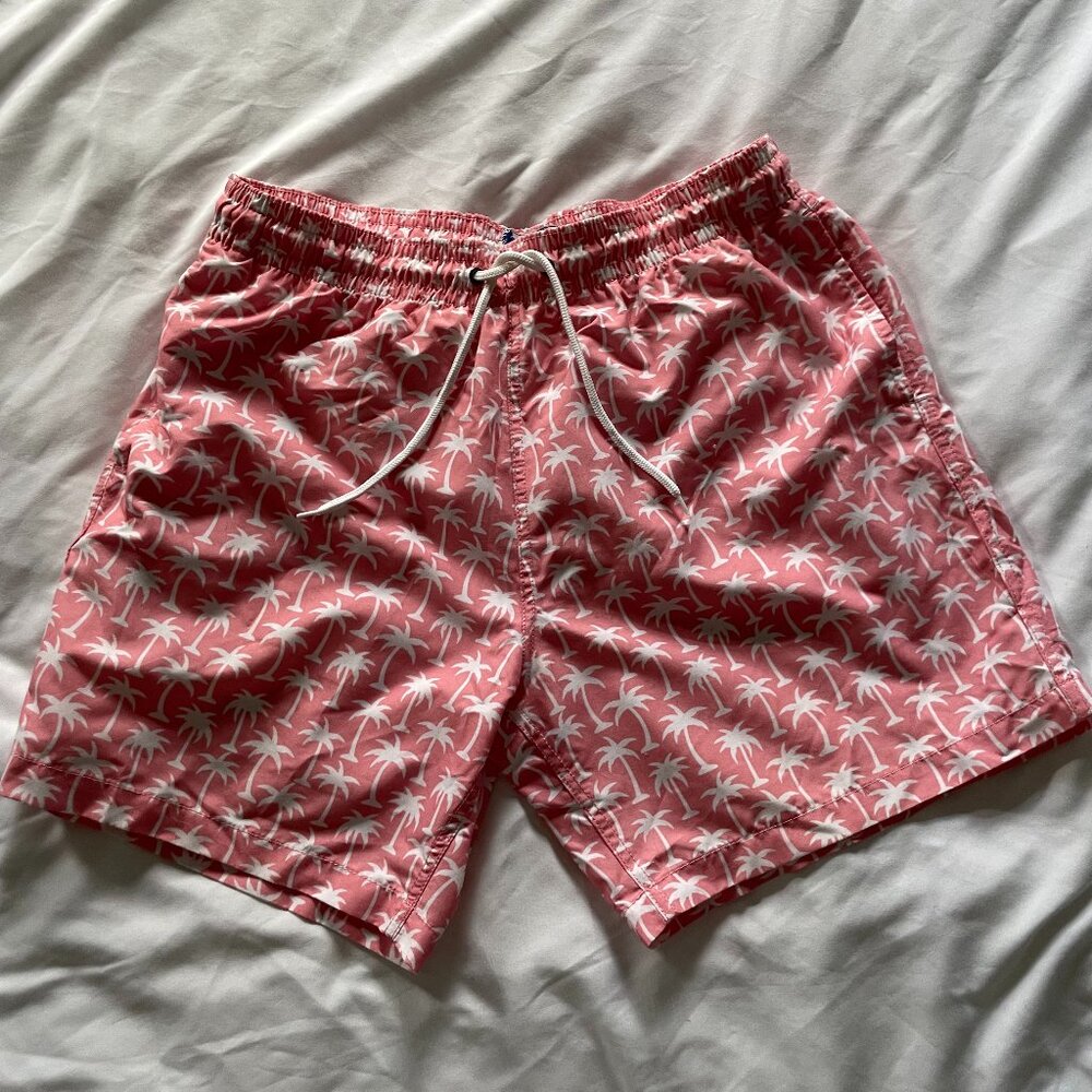 Trunks Swimshorts Palm Tree Design Elastic Drawstring Waist Pink White Mens M